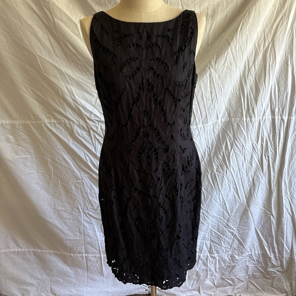 Chetta B Black Sheath Linen Lace Midi Dress - Picture 2 of 5